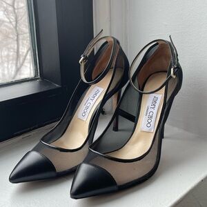Jimmy Choo Black Leather and Beige Mesh Heels With Ankle Strap